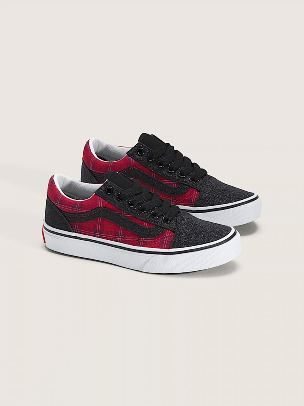 Vans Kids Old Skool Red Plaid & Black Low-Top Skate Shoes